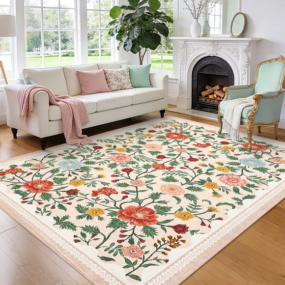 Garvee 8'x10' Vintage Floral Area Rug Living Room Rug, Washable Boho Rugs Non Slip Soft Low Pile Farmhouse Rug Indoor Floor Carpet for Bedroom Dining Room Home Office, Beige