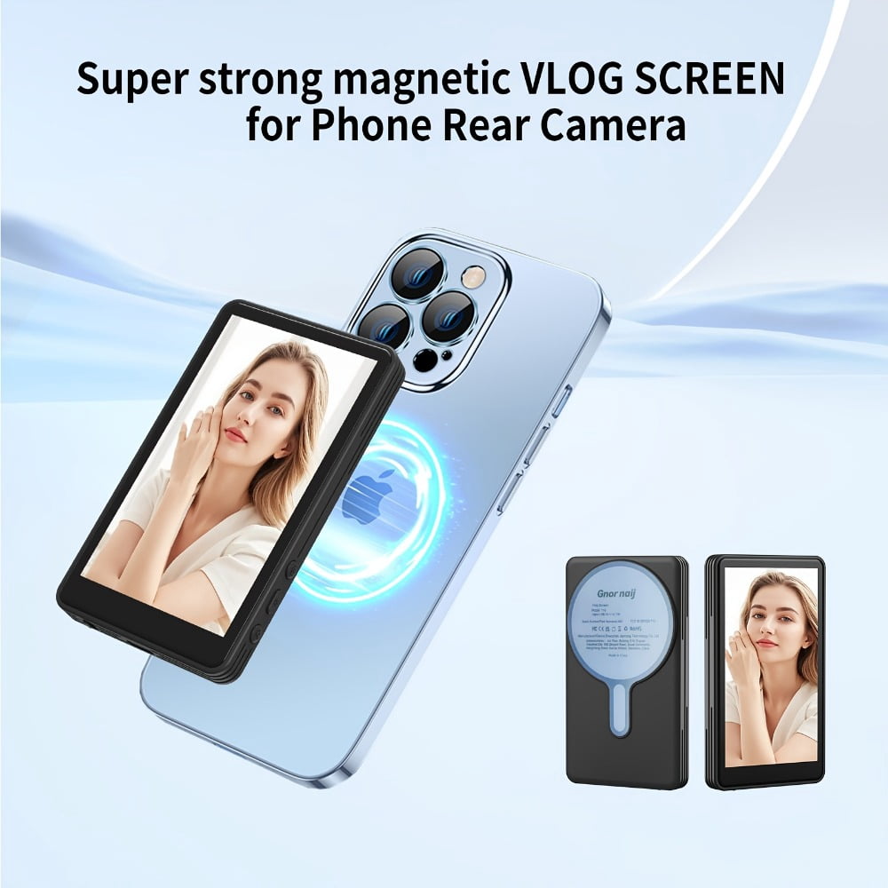 Magnetic Wireless Vlog Screen & Mini Monitor with Phone Clip Mount for iPhone 15 16 17 Android, External Display for Live Streaming & Video Shooting