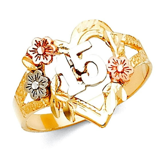 14k Yellow Gold White Gold and Rose Gold Quinceanera Sweet 15 Years Ring Size 7 Ring for Women