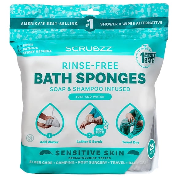 Toallitas de baño sin enjuague Scrubzz para piel sensible, 25 unidades