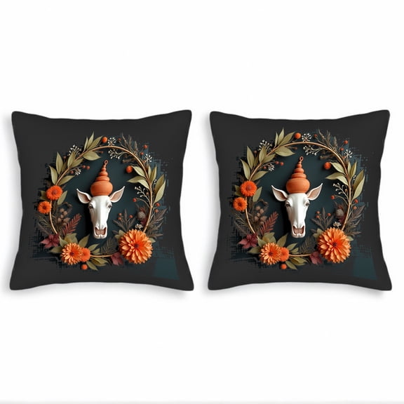 Set of 2 Decorative Throw Pillow Covers 18x18in - Whimsical Goat Head with Autumn Wreath Design for Couch Bed Car
