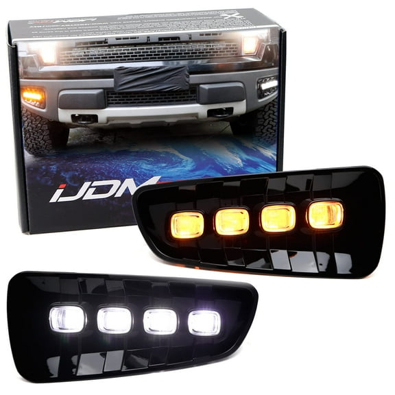 Front Bumper Opening Mount White/Amber Sequential Blink Switchback LED DRL Fog Light Kit For 2010-2014 Ford Raptor, 4-Lamp Assembly w/Turn Signal Feature