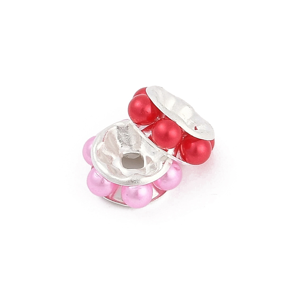 Brass Beads with Plastic Imitation Pearl Flat Round Silver Mixed color 10x4mm Hole: 1.8mm
