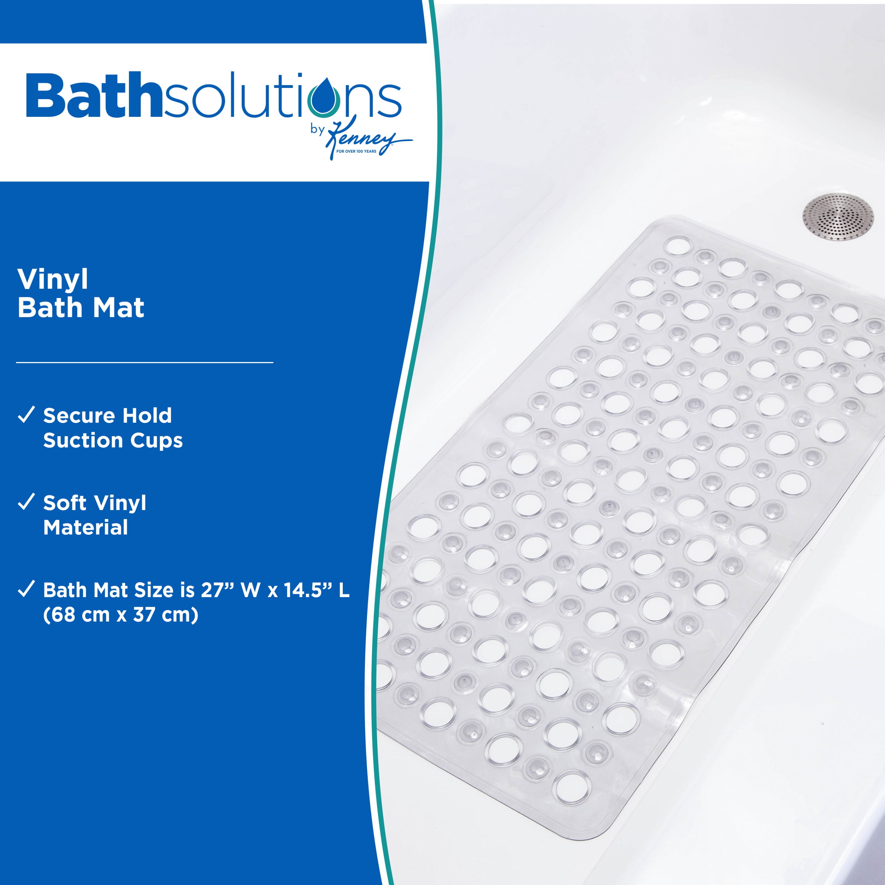 Kenney Vinyl Bath Mat with Suction Cups and Large Drain Holes, 27" x 14.5", Grey