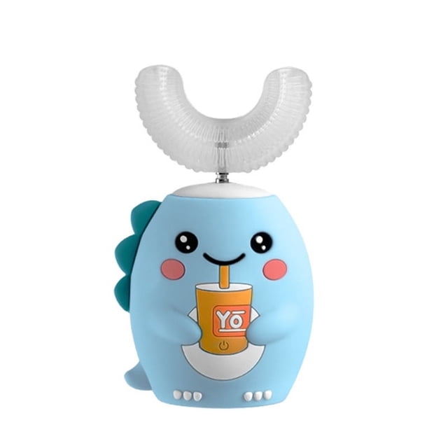 Cepillo de dientes eléctrico en forma de U para niños, cepillo de dientes sónico, dinosaurio de dibujos animados para niños, limpieza de 360 grados, diseño impermeable IPX7 (2-6 años (azul