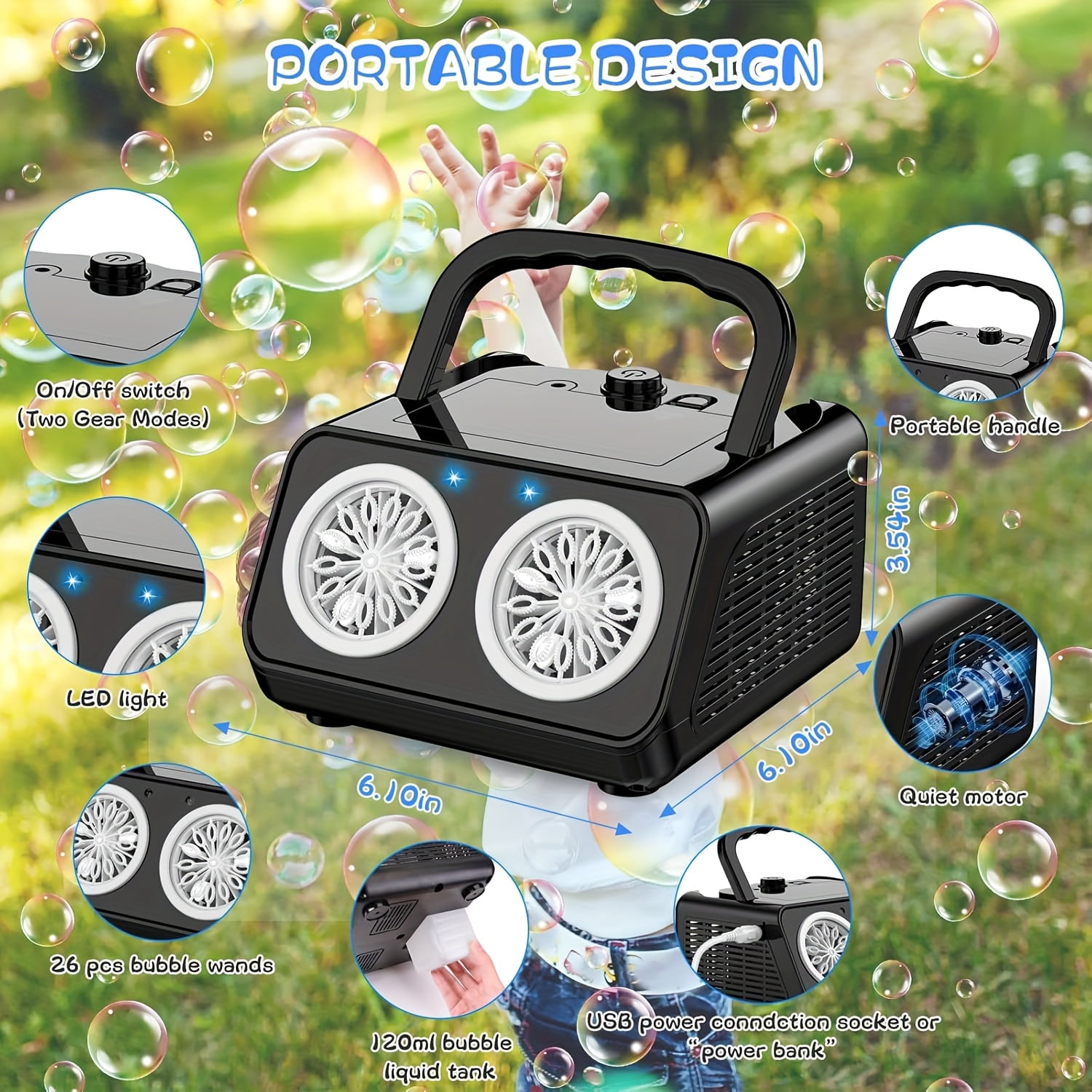 Automatic Bubble Machine with 2 Fans, 20,000 Bubbles/Min, Portable, Operates via Plug or Battery, Indoor & Outdoor Use