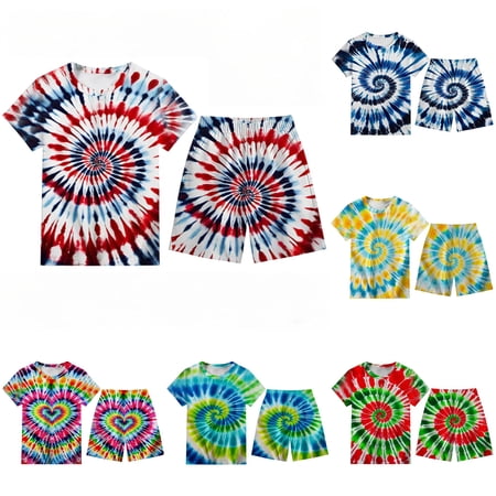 CUZIBR Boys Kids Outfits Sets Casual Comfortable Short Sleeve Stylish Tie Dye Paisley Printed Round Neck Outfit Daily Wear Soft Breathable Summer Fall Outdoor Beach Play Clothes Red 3-4 Years