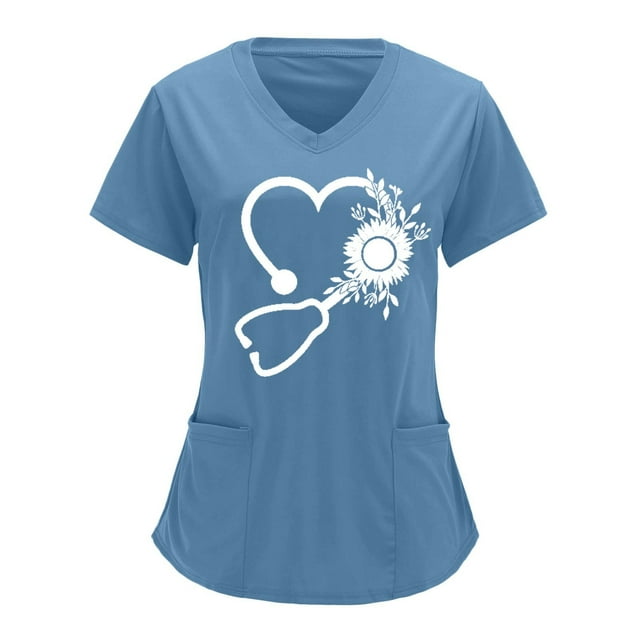monos de color sólido con cuello en v para mujer, camisetas de uniforme de trabajo de manga corta con estampado de posicionamiento parcial pompotops hkajfhjk472311 Azul top de uniforme femenino con cuello en V, vista frontal; manga corta, poliéster azul liso con dos bolsillos frontales bajos y estampado blanco de estetoscopio en forma de corazón con flor tipo girasol en el pecho. Longitud según tabla de tallas. También suele usarse como top informal para eventos sociales.