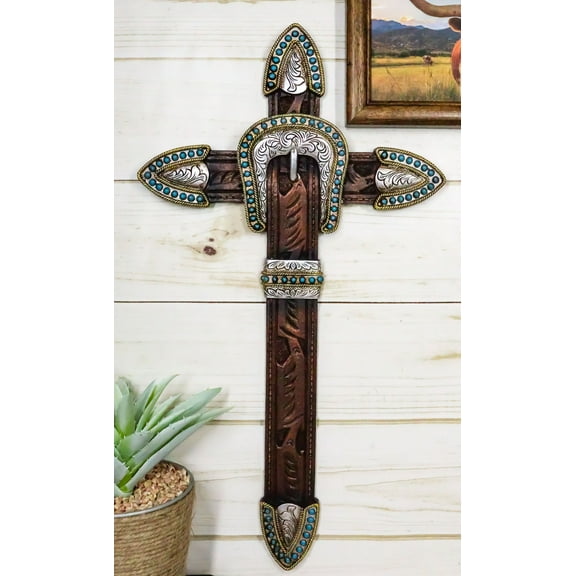 Rustic Western Brown Faux Tooled Leather Belt Buckle Concho Cowboy Wall Cross