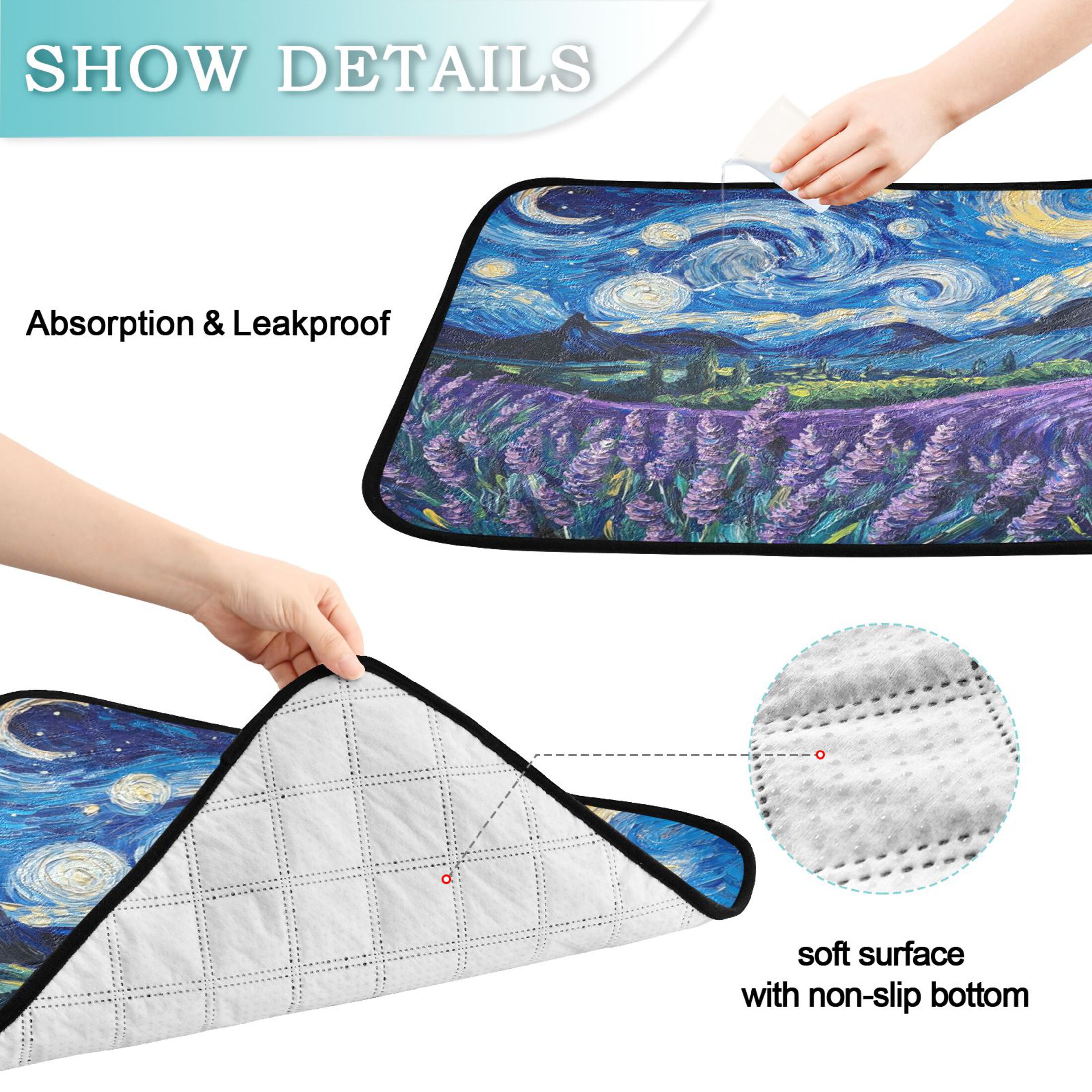Qxltty Lavender Starry Night Cat litter Pads Pet Set of 3 Diaper Mats Center Anti-leakage Layer Absorbent Soft and Comfortable