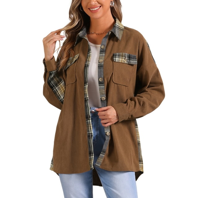 Chaqueta de mujer INSPIRE CHIC de cuadros y patchwork, elegante, de manga larga, con botones, color marrón oscuro, talla M