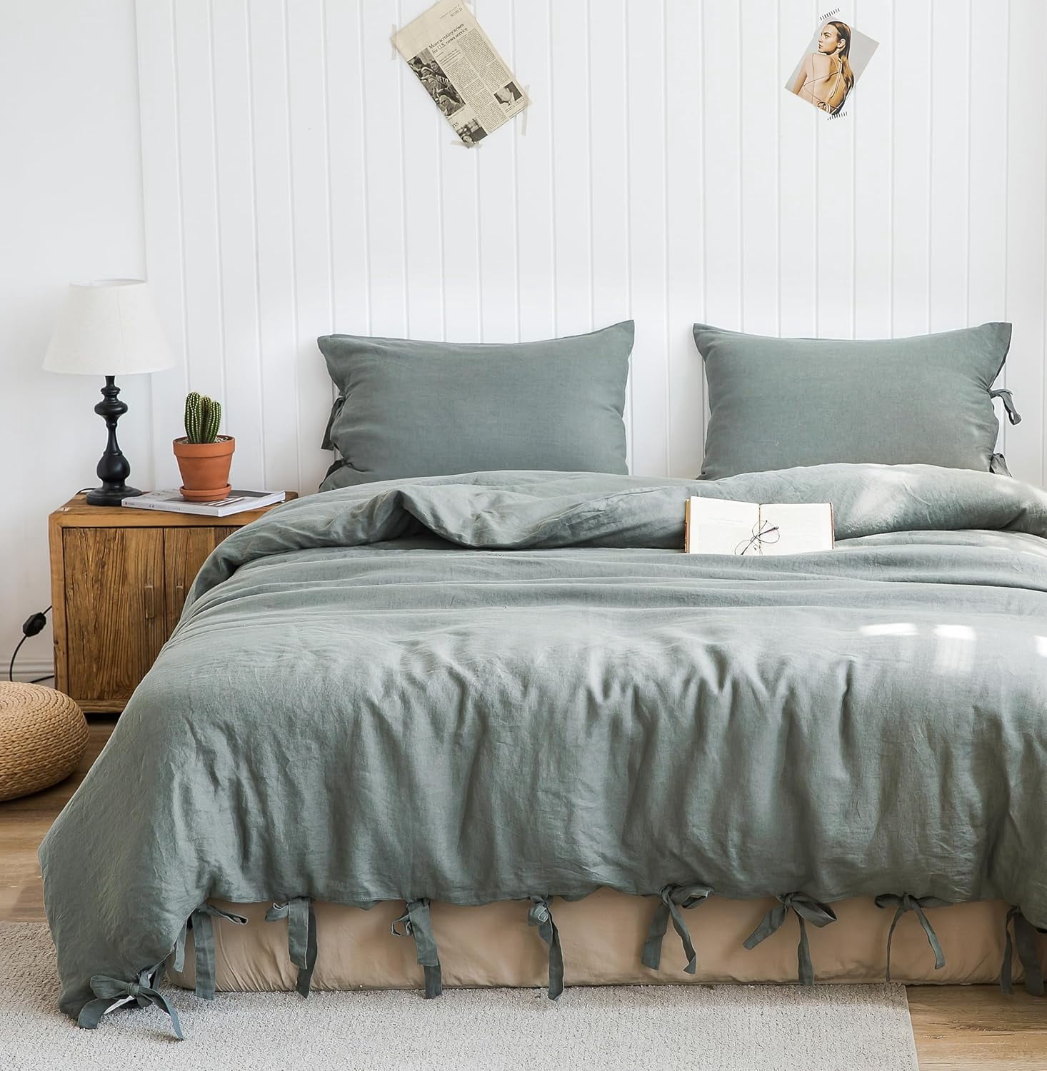 Simple&Opulence 100% Linen Duvet Cover Set, 3 Piece Belgian Flax Breathable Bedding, King Size 104''x92'' (1 Comforter Cover+2 Pillowshams) with Tie Closure Style,Greyish-Green