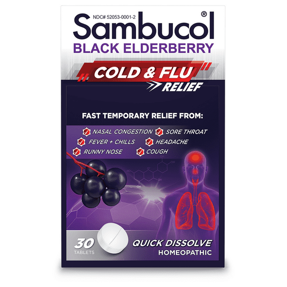 Sambucol Elderberry Cold and Flu Relief Tablets, Homeopathic Medicine, 30 Count