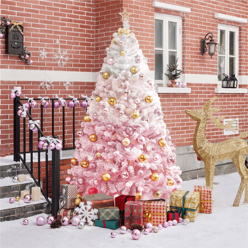 Alden Design 6Ft Unlit Flocked Artificial Christmas Tree with Foldable Stand, Pink Gradient