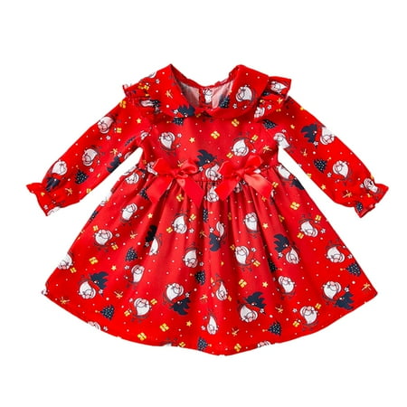 

Christmas Long Sleeve Dress For Girls Full Cartton Santa Print Gift For Baby Girl