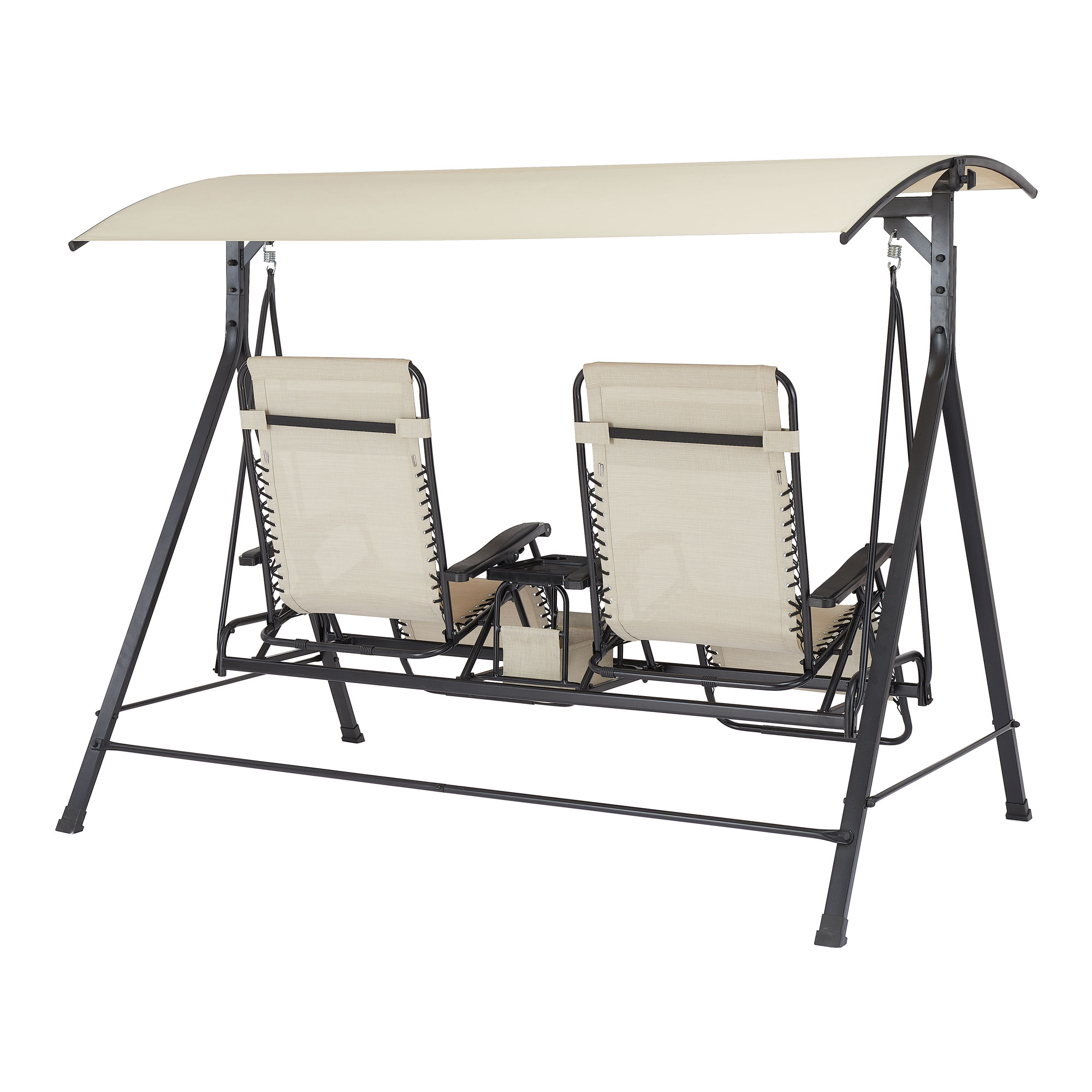 Mainstays 2-Seat Reclining Oversized Zero-Gravity Swing with Canopy and Center Storage Console, Beige/Black - image 4 of 9