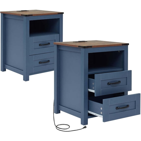 Farmhouse Night Stand Set of 2, Rustic Blue Nightstand for Bedroom, End Tables with Charging Station, Bedside Table with Drawers, Wood Bedside Cabinet Dresser