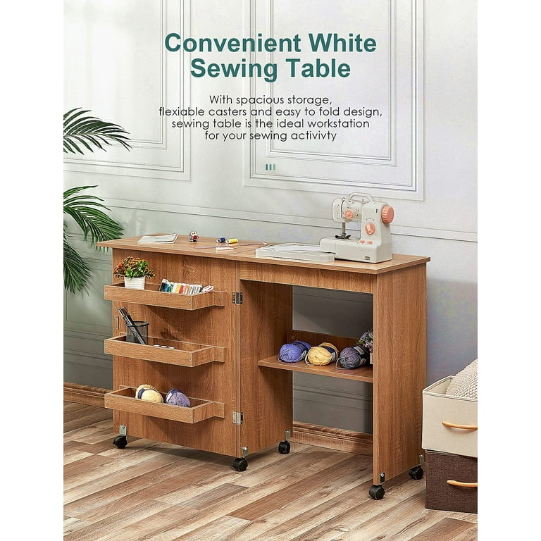 Giantex White Folding Sewing Craft Cart Table Shelves Storage Cabinet Home Furniture