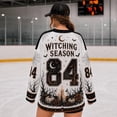 thumbnail image 4 of V Neck Long Sleeve Graphic Top For Women Halloween Haunted Night Theme Hockey Jersey Relaxed Fit Casual Long Sleeve Shirt Ideal For Halloween Party And Holiday Gathering White L, 4 of 6