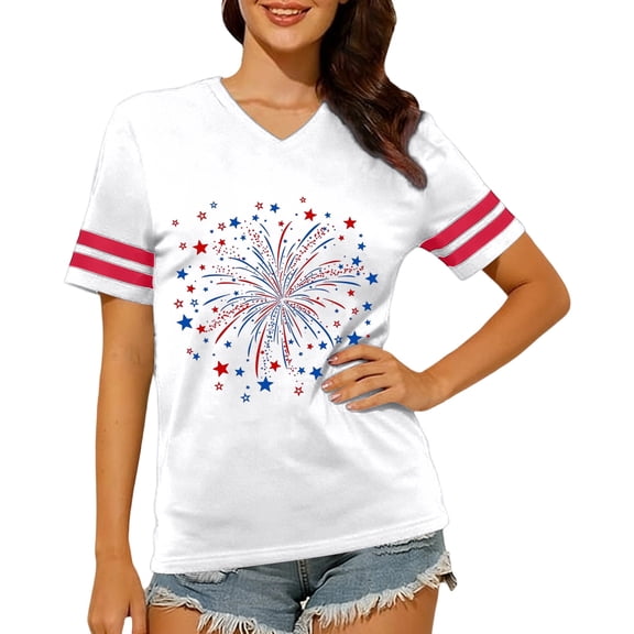 WAYUTE Womens Shirts Colorful Stars & Fireworks Pattern Short Sleeve V Neck Celebrate America'S 250Th Anniversary For 4Th Of July Holiday Nautical Tops,White,Xl