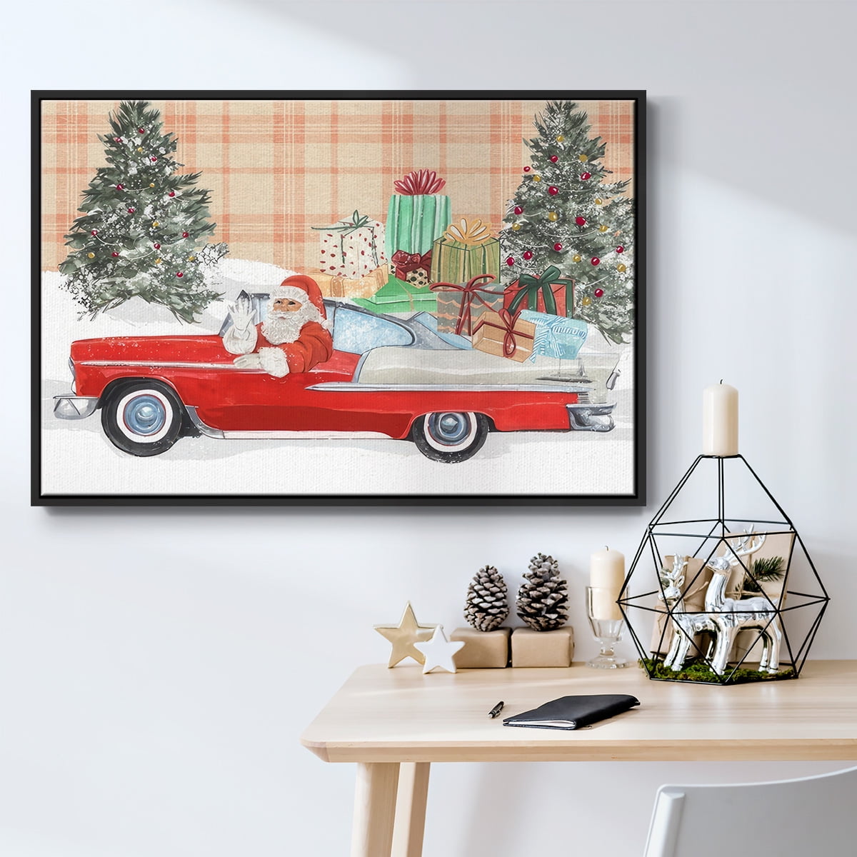Santa on Wheels Collection A - Framed Gallery Wrapped Holiday Canvas - 17 x 25 - Black Frame