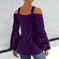 thumbnail image 4 of Brilliant Womens Tops under $5 Tops for Women Elegant Sparkly Tee Blouses Cocktail Party Club Tops Cross Necked off Shoulder Lantern Sleeve Patchwork Casual T-Shirt Purple M, 4 of 7