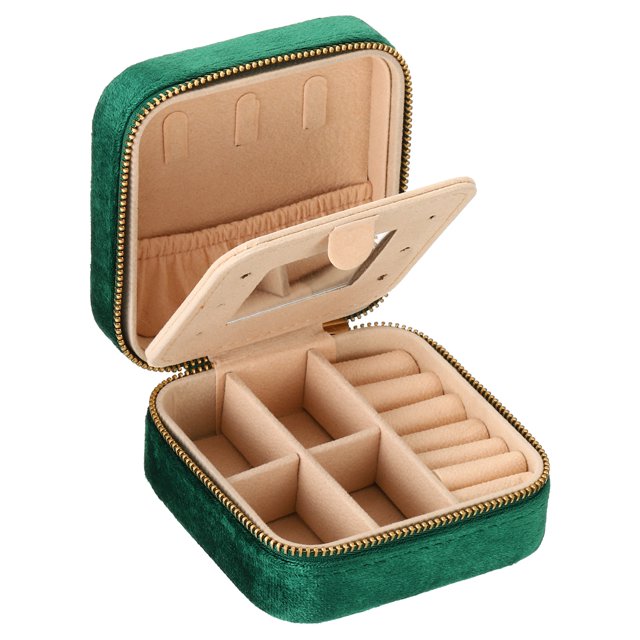 Unique Bargains Travel Jewelry Case, Small Jewelry Organizer Portable Mini Jewelry Box with Mirror Square Style 2, Green