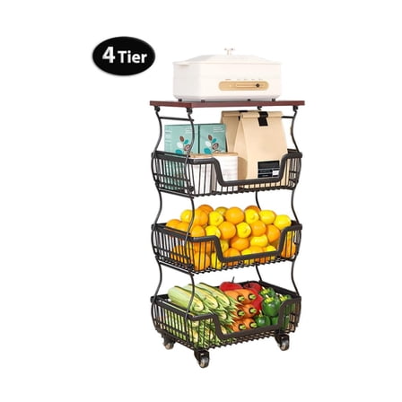 4 Tier Stackable Fruit and Vegetable Storage Basket with Wheels, Metal Wire Kitchen Organizer Rack for Pantry, Countertop, and Bathroom