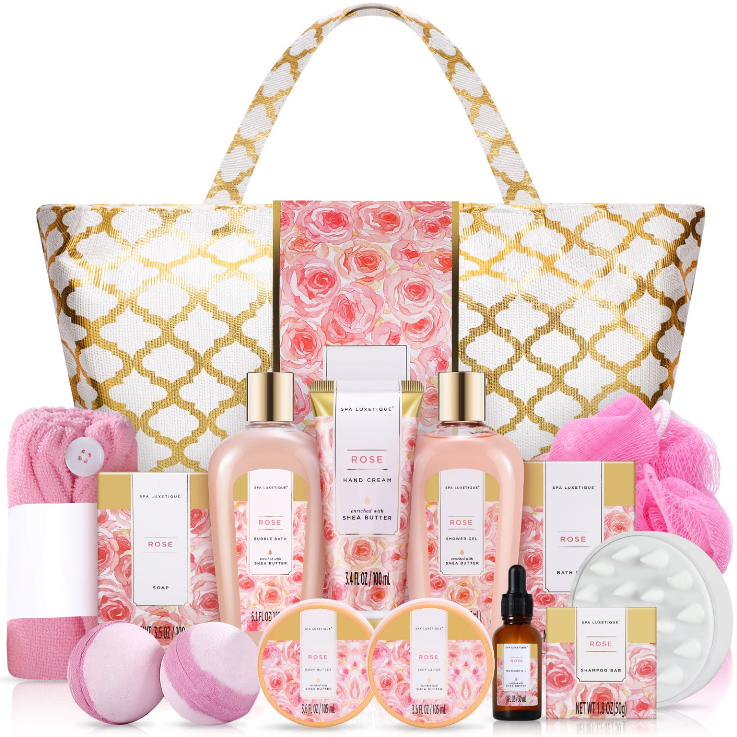Spa Baskets Gift Sets for Women - 15 Pcs Rose Luxury Bath Relaxing Home Spa Kit Birthday Gifts with Tote Bag for Mom