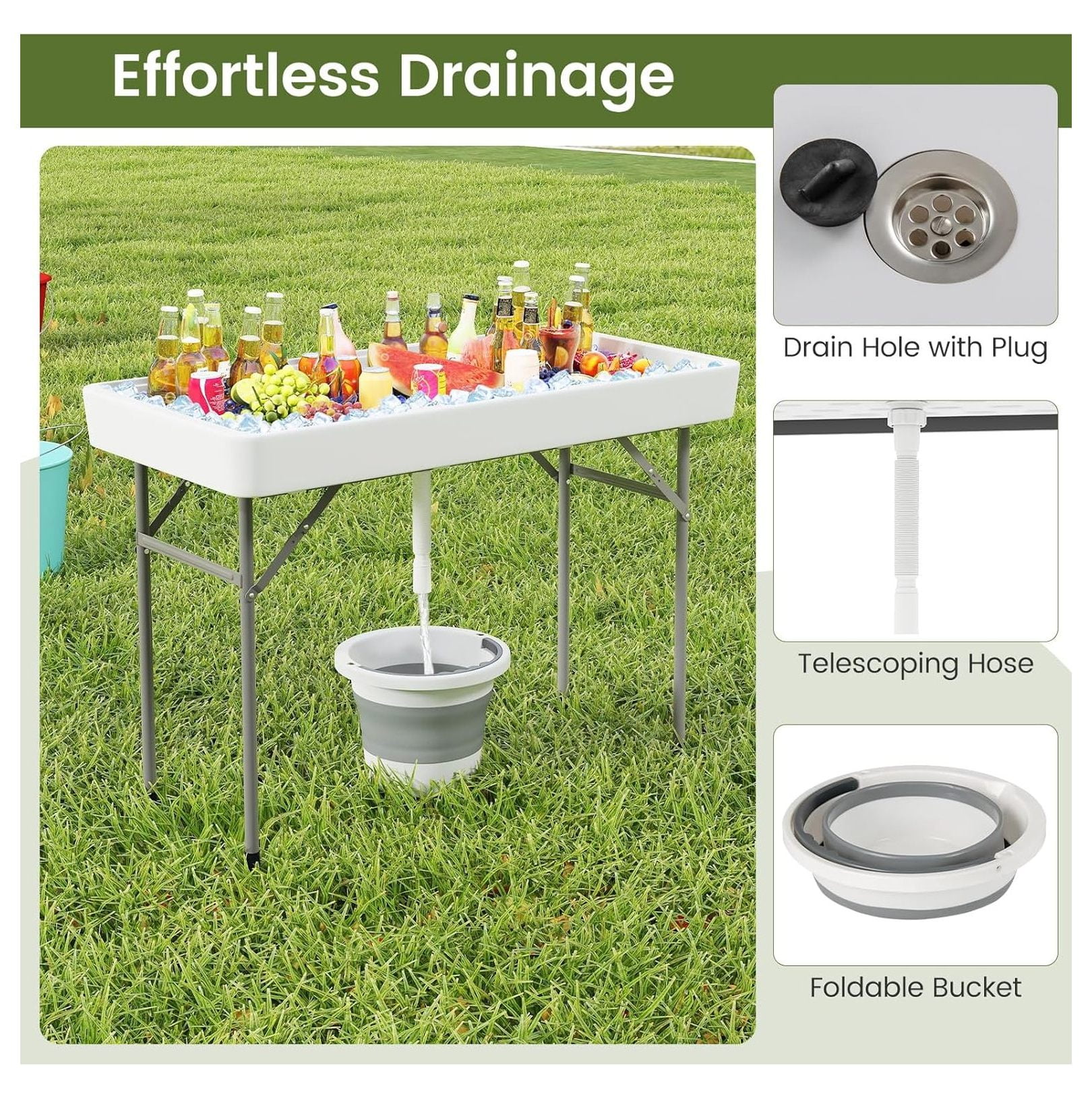 Folding Ice Cooler Table, 4 FT Portable Ice Table with Drain, Matching Skirt & Foldable Bucket, Buffet Beverage Server for Party, Picnic, Camping