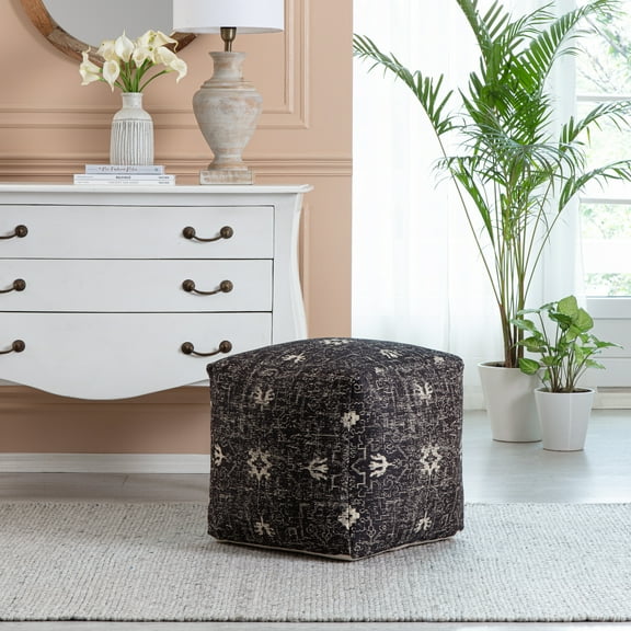 Anji Mountain Black Jacquard Woven Polyester Square Poufs