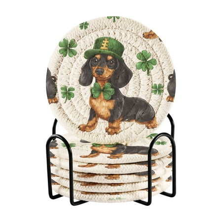 

WOBOGO St Patricks Pattern Of Dachshund in A Shamrock Hat Coil Coasters Set of 6 Minimalist Cotton Woven 3.94 inch Non-Slip Insulated and Absorbent Home Accessories.