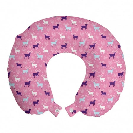 Nursery Travel Pillow Neck Rest, Repetitive Baby Reindeer Trees with Abstract Curlicue Antlers Pattern, Memory Foam Traveling Accessory Airplane and Car, 12", Pale Pink and Multicolor, by Ambesonne