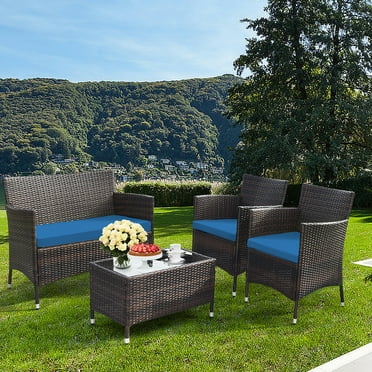 Gymax 4PCS Patio Rattan Conversation Furniture Set Outdoor w/ Peacock Blue Cushion