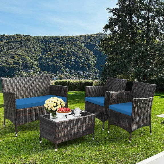 Gymax 4PCS Patio Rattan Conversation Furniture Set Outdoor w/ Peacock Blue Cushion