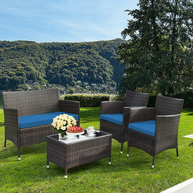 Gymax Ensemble de Conversation en Rotin pour Patio 4 Pcs, Extérieur, avec Coussin Bleu Paon