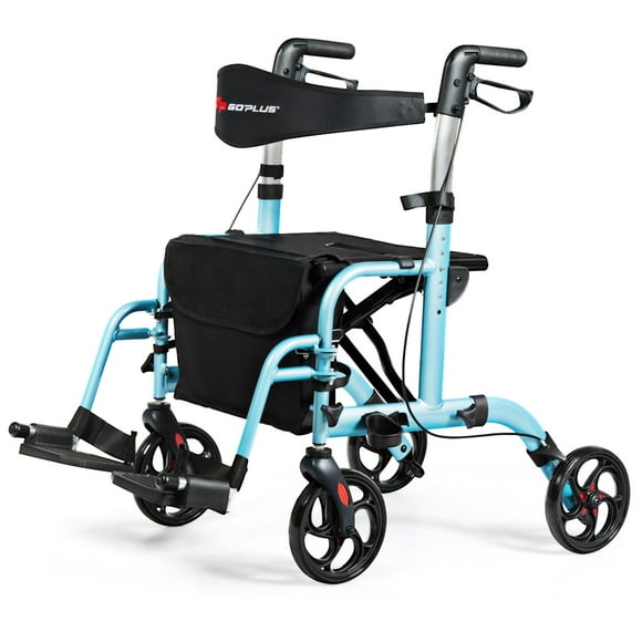 Goplus Pliant Médical Déambulateur Chaise de Transport en Aluminium Poignée Réglable Bleu