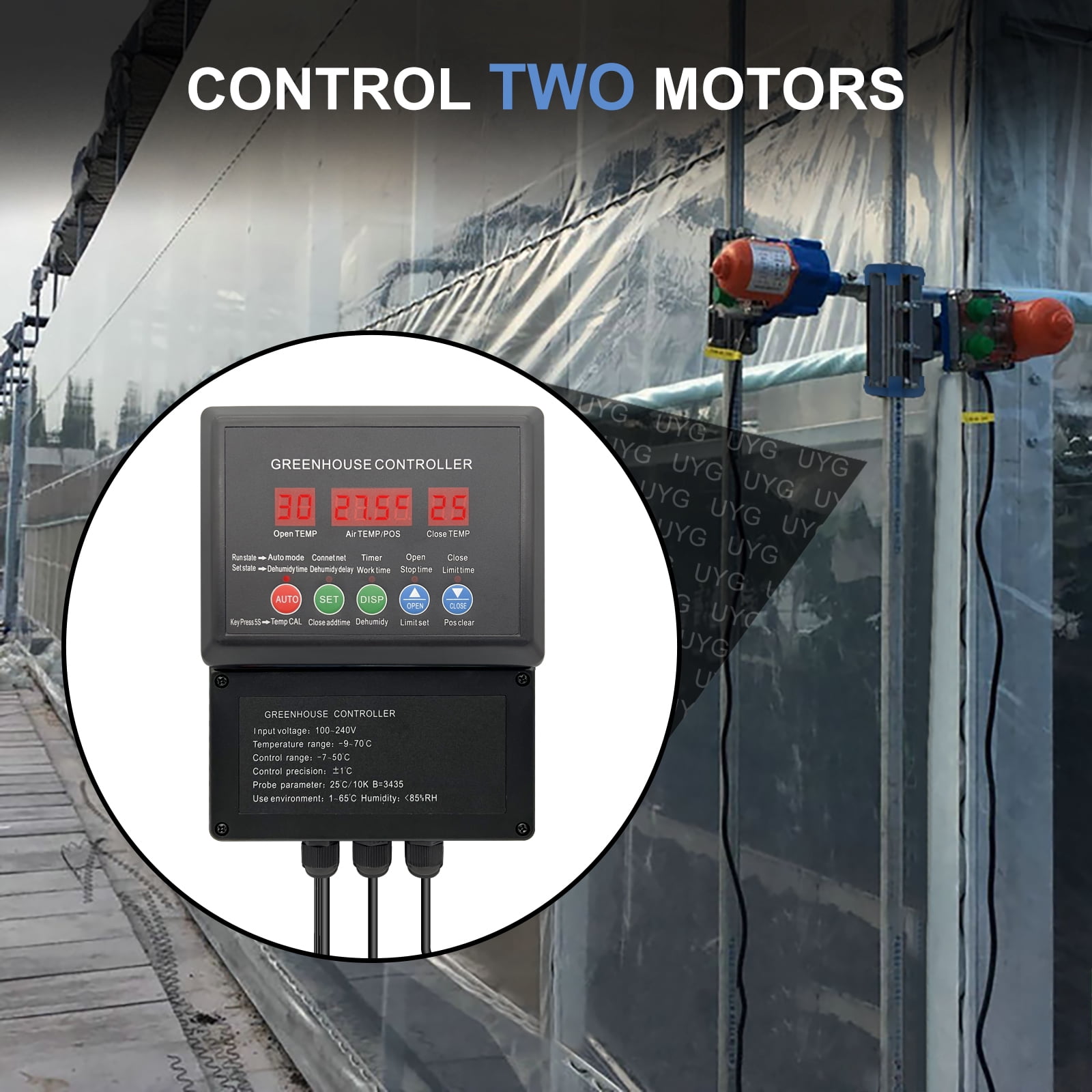 UYGALAXY Top Roll Up Motor System, 2 Pack Electric Greenhouse Film Roll Up Motors + Electric Intelligent Thermostat Controller (AC110V to DC24V) for Greenhouses Ventilation, Automatic Venting Kit