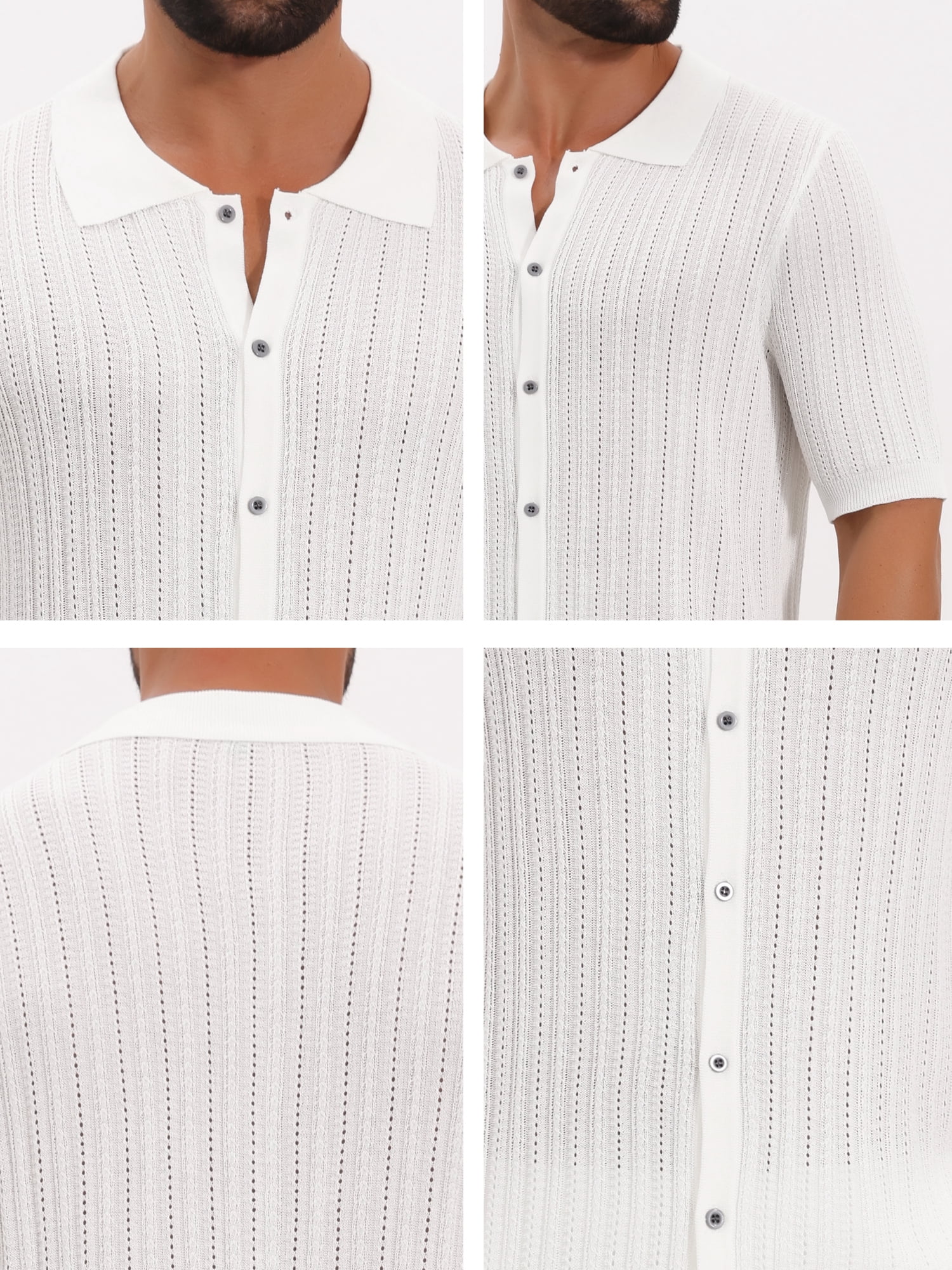 DARING DIVA Men's Striped Summer Short Sleeve Knitted See Through Shirts XL White