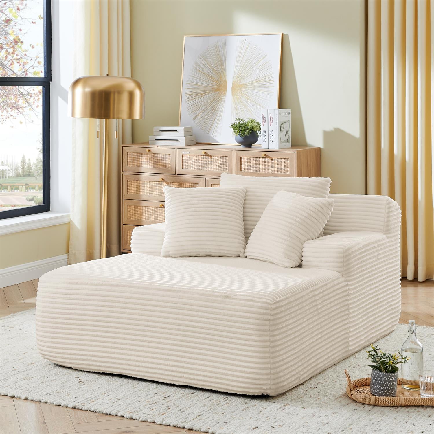 Demi Bonn 64" Velvet Fabric Single Lazy Sofa, Modern Fluffy Couch Lounge Chair for Indoor Living Room, Bedroom, No Assembly Needed, White