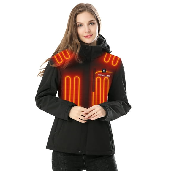 Venustas Women's Heated Jacket with Battery Pack 7.4V, Windproof Detachable Hood USB Charging Winter Heated Coat for Hiking Skiing Camping (Black, XS)