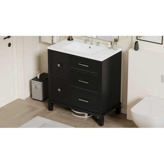 30 Inch Bathroom Vanity with Ceramic Sink - Black MDF Cabinet with Flip-Out Drawer & Solid Wood Legs