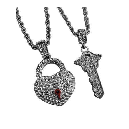 Iced Silver Plated Simulated Diamond Heart Lock & Key Pendant 4mm 24" Rope Chain Hip Hop Jewelry Fashion Necklace Gift