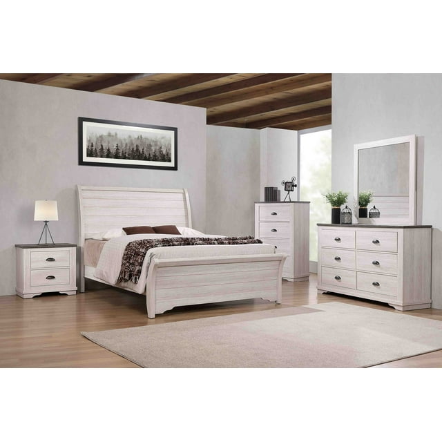 Transitional Style 5 Piece Queen Size, White Panel Bed Set, Dresser, Mirror, Nightstand, Elegant Look Furniture