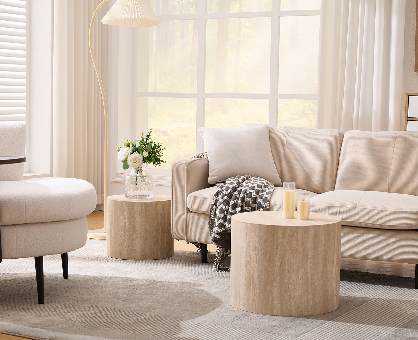 Guyou Nest Coffee Table Set of 2, Modern Wooden Round Coffee Table with Small End Table, Circle Accent Side Table for Living Room Bedroom Balcony, Natural