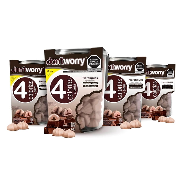Don't Worry | Merengues Light | Chocolate Relleno De Chocolate | 4Pack | 1 Caloría | Dieta Keto | Sin Gluten | Sin Grasa | Sin Azúcar Añadida | Postre Saludable | Boca