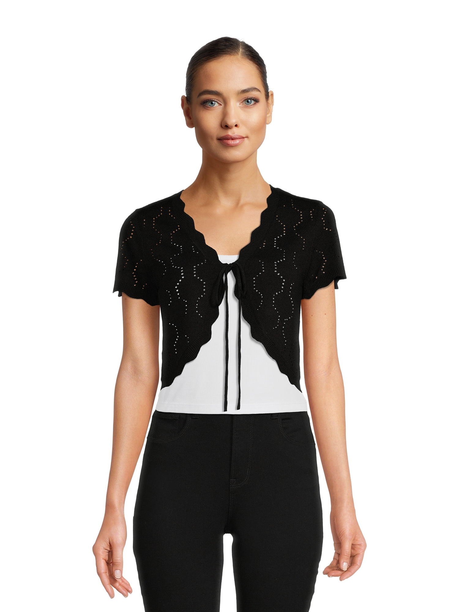 No Boundaries Juniors Tie Front Pointelle Shrug