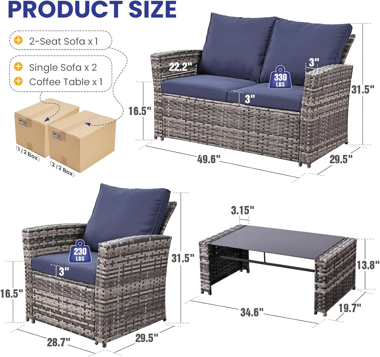 Ainfox 4-Piece Blue Outdoor Wicker Patio Furniture Set, Rattan Sectional Sofa with Cushions & Glass Table
