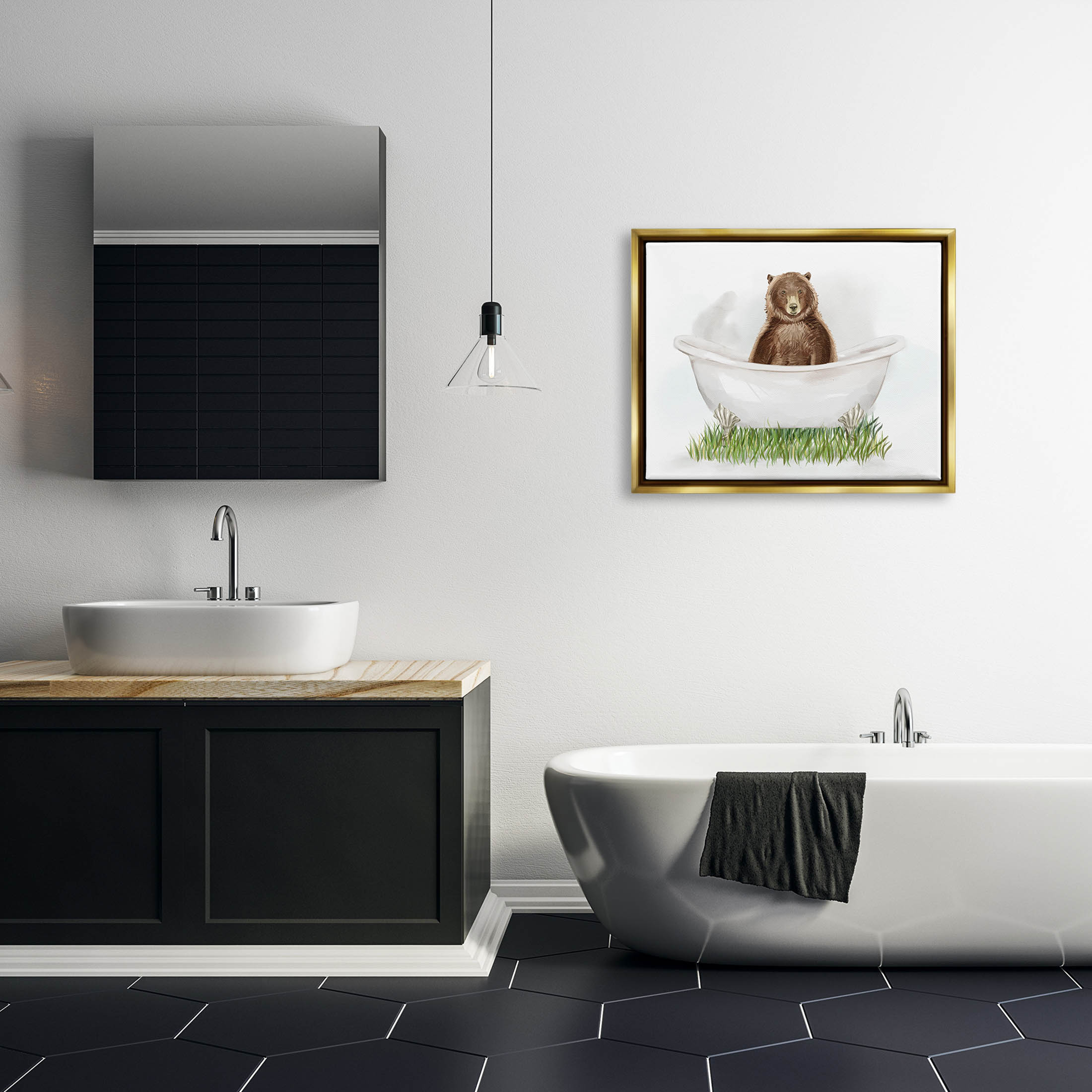 Bear In Tub Bathroom Animal Animals & Insects Graphic Art Metallic Gold Framed Art Print Wall Art
