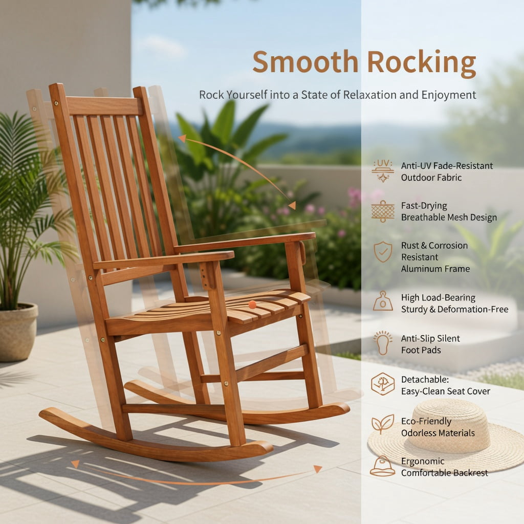 Hommoo 3-Piece Eucalyptus Outdoor Rocking Chair Set with Square Coffee Table, Patio, Deck & Garden Furniture Set for 2, Natural
